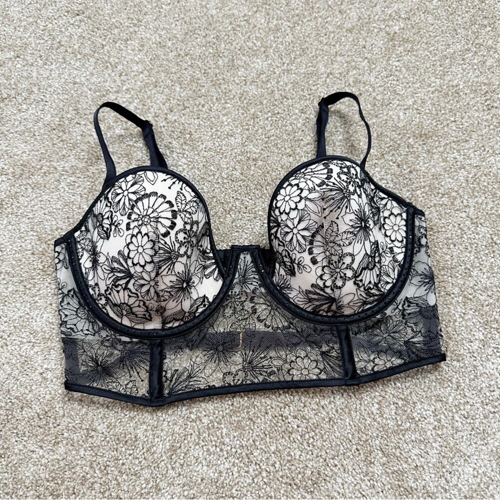 Victoria's Secret Longline Sheer Lace Balconet Black and White Lace Bra 34DD